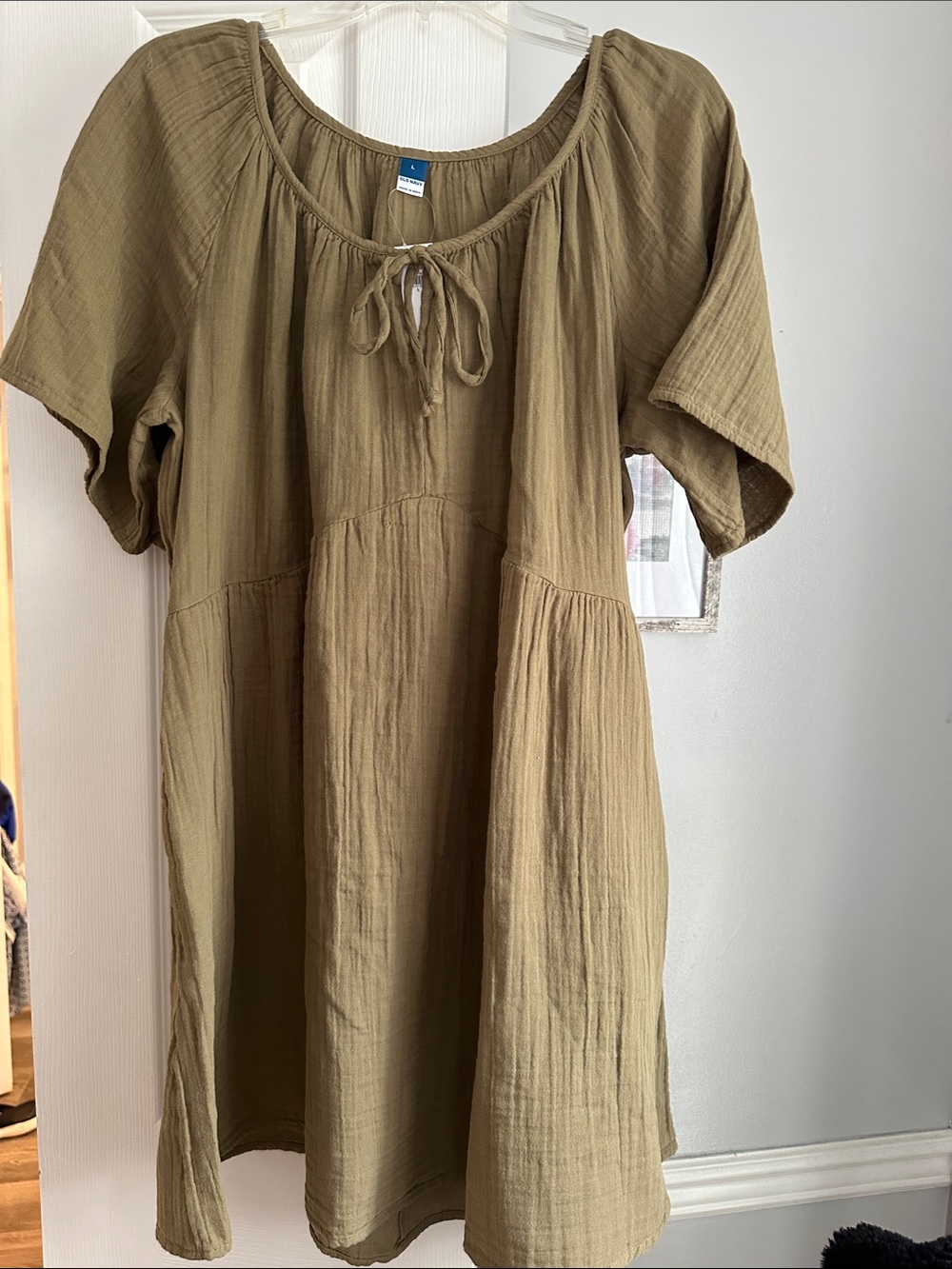 Old Navy Olive Tie-Front Gauze Peasant Dress Sz Large New